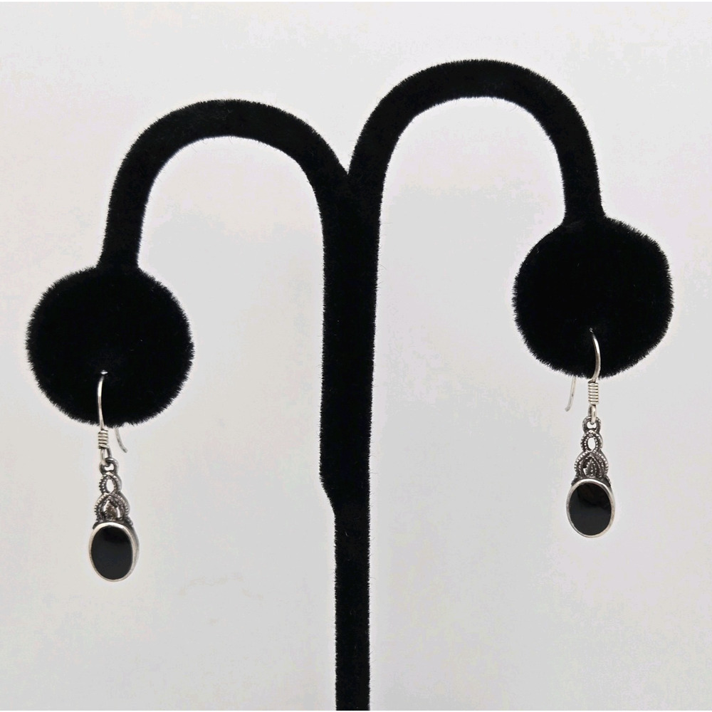Vintage Sterling Silver Earrings Black Enamel Dangle Filigree Boho Dainty Twee